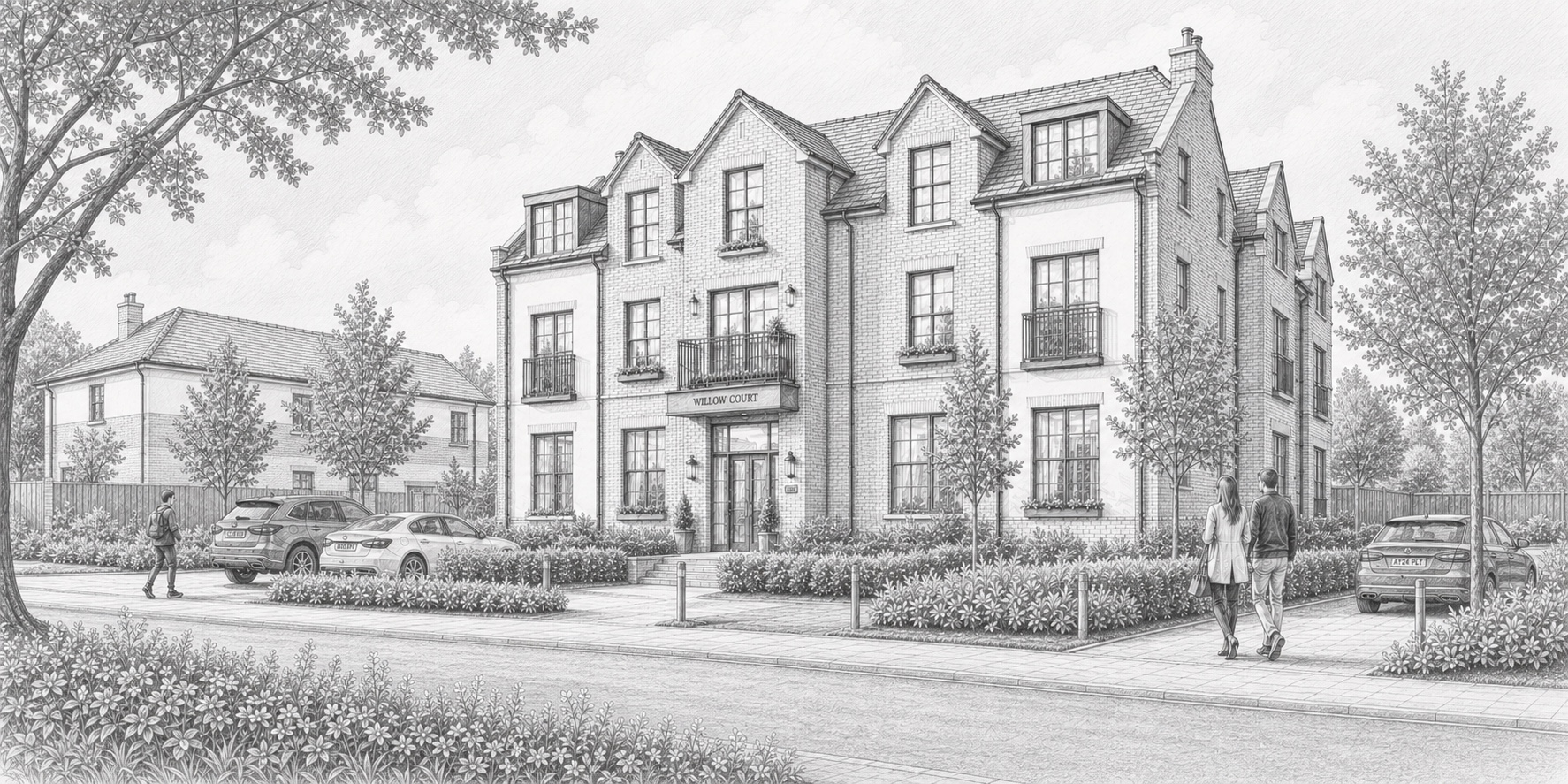 Black-and-white illustration of apartments and landscaped streets at Boyd Park