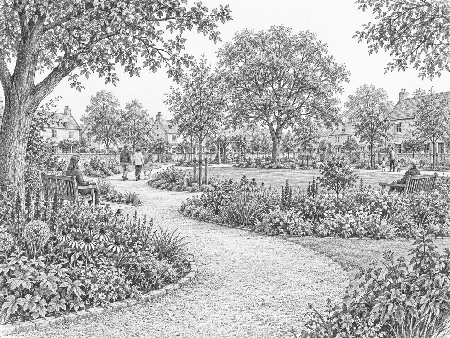 Illustration of homes arranged around a public garden