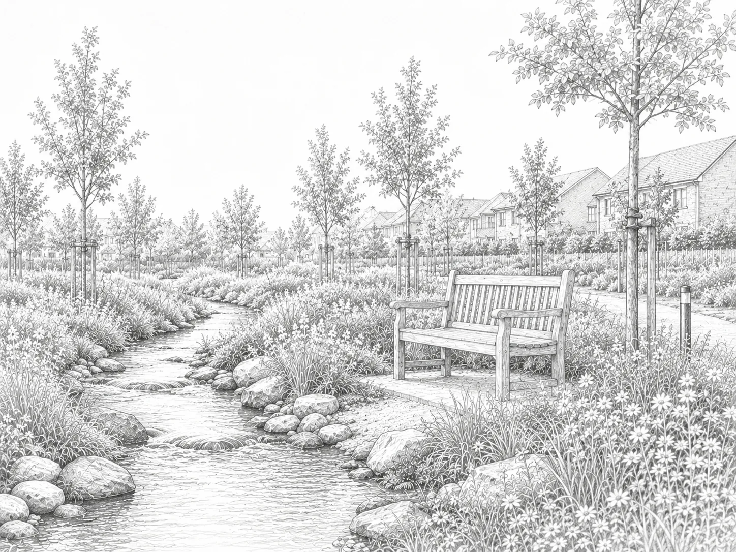Illustrative streamside seating and planting at Boyd Park
